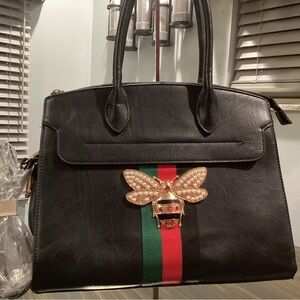 Chic Black Satchel with Gold and Pearl Bee Accent